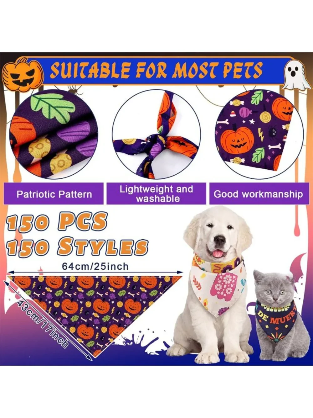 150 Pcs Halloween Dog Bandanas | Bulk for Medium & Large Dogs | Festive Pet